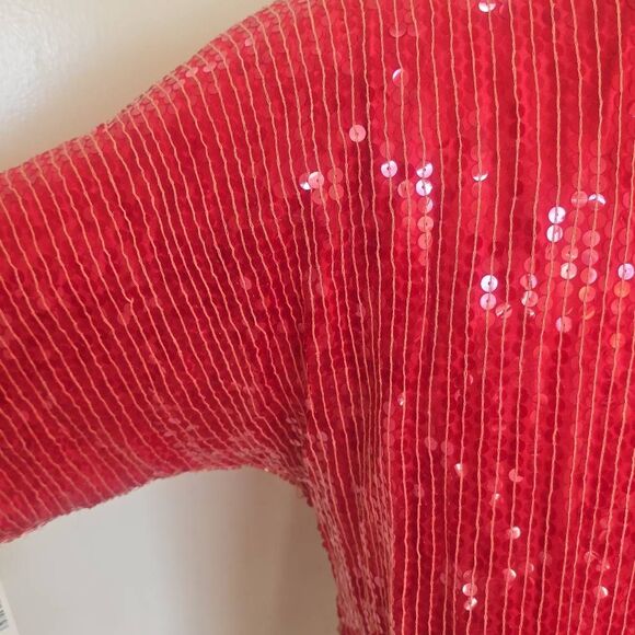 Vintage Jean for Joseph le Bon 100% Silk Red Sequin Short Slv. Blouse, NWT, S - Picture 5 of 10